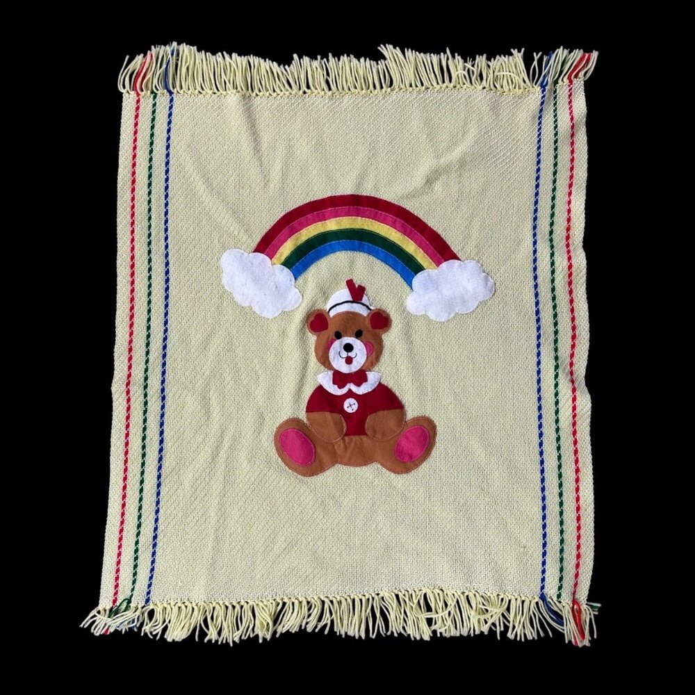 Handmade Baby Blanket Yellow Rainbow Teddy Bear Crocheted Fringe Vintage - Picture 2 of 7